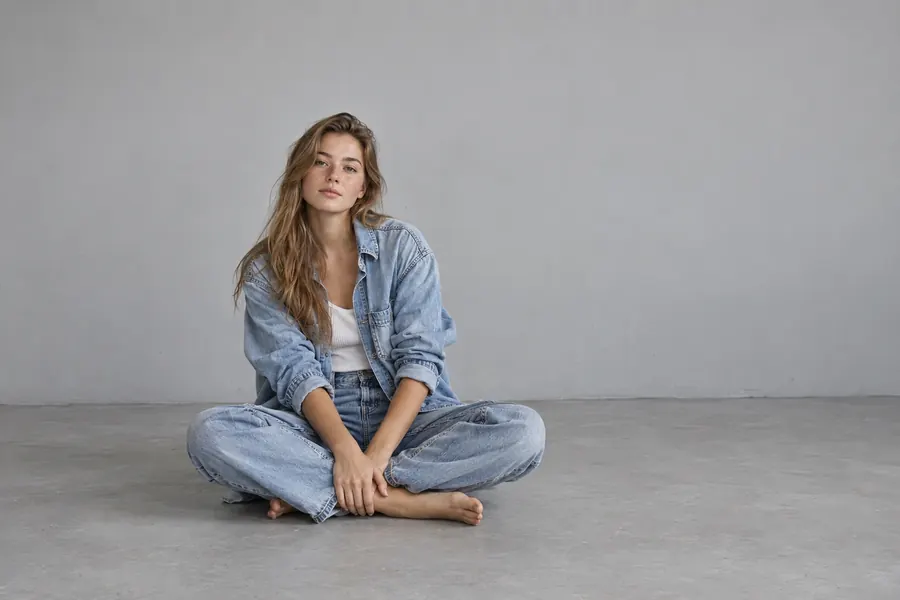 Denim gömlek ve jean giyen model, sade stüdyoda yerde oturuyor